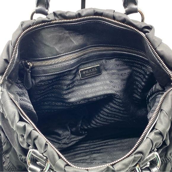 PRADA TESSUTO GAUFRE BLACK LEATHER NYLON TOTE CROSSBODY SATCHEL LOGO ZIP LARGE - Picture 9 of 11